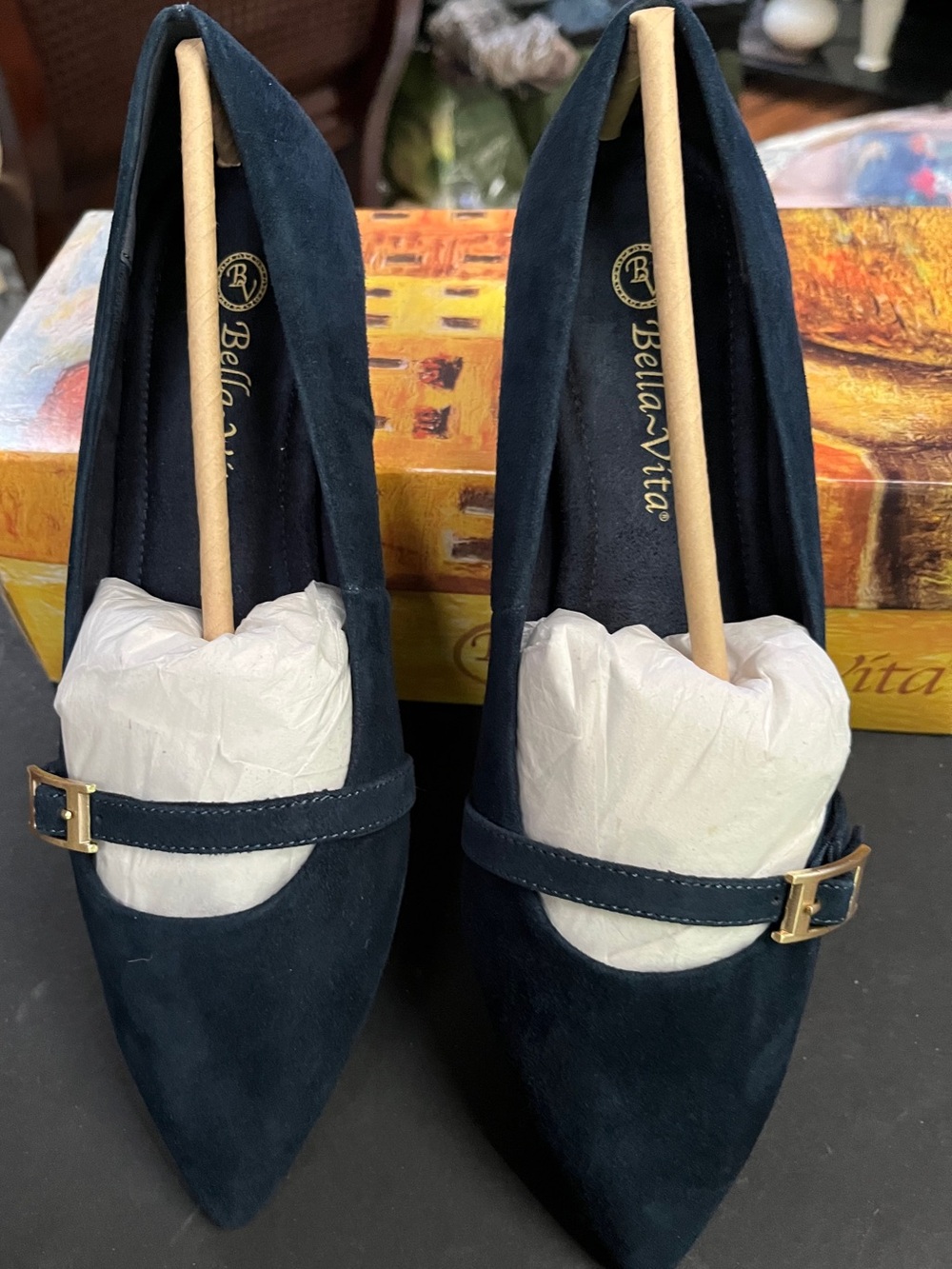 Bella Vita Navy Suede Pointed-Toe Flats with Gold Buckle Strap